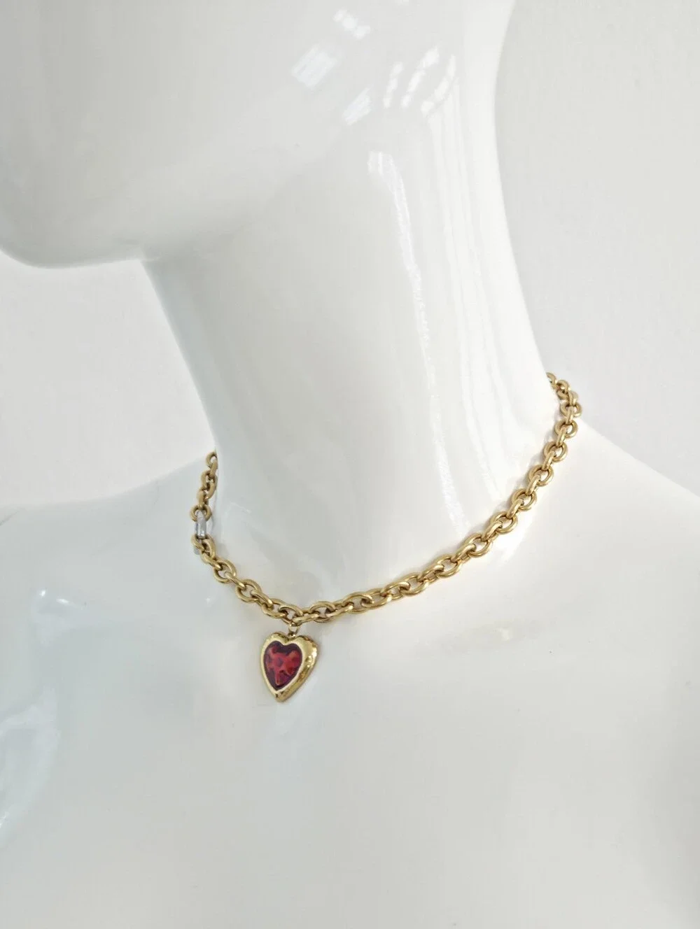 Gold Chunky Chain Necklace with Red Heart Pendant & Heart Carabiner Clasp